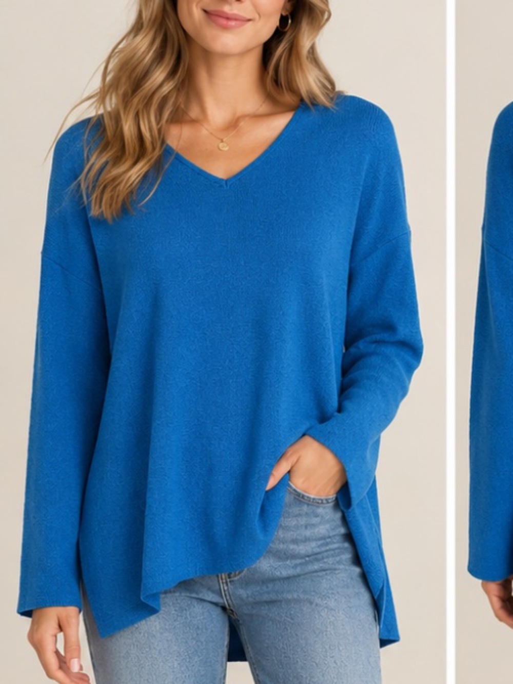 Max Mara 100% Wool V-Neck Tunic Sweater Cobalt Blue
